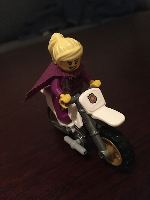 Lego Gramma on a motorcycle